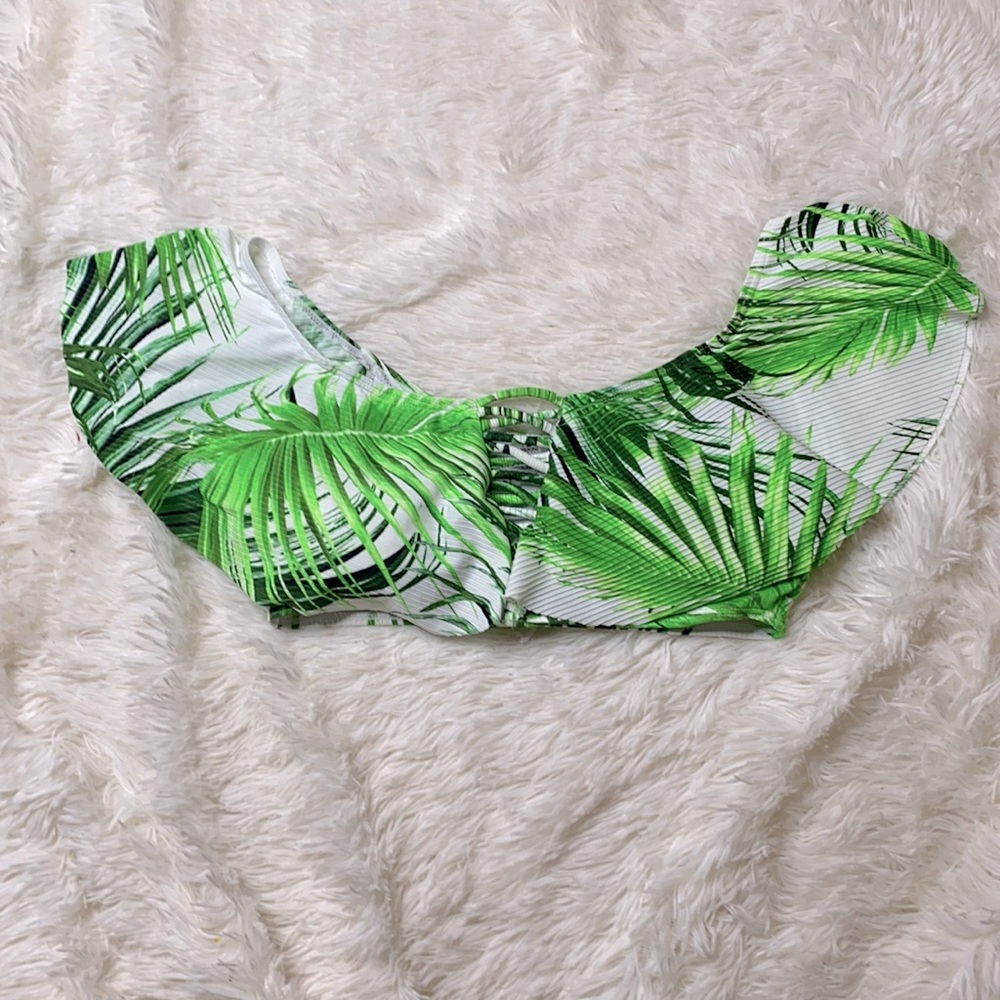 Tinibikini White Green Palm Print Ruffle Off Shoulder Bikini Swim Suit Top